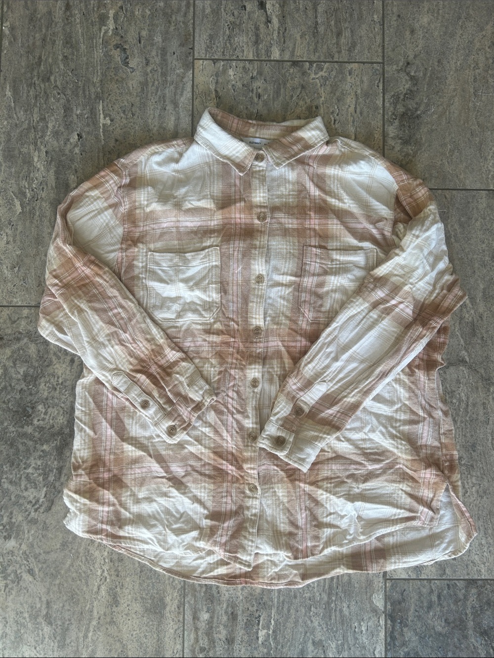 Old Navy White and Light Brown Plaid Button-Down Shirt